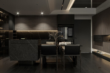 Fototapeta na wymiar Exclusive modern interior design with black touches, and technology in a modern apartment.