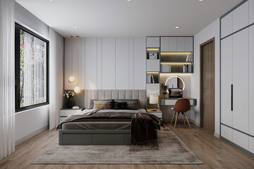 A beautiful view of the minimal bedroom. Sunshine plays into the room.