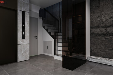 Entrance to the duplex space with stairs to the second floor - obrazy, fototapety, plakaty