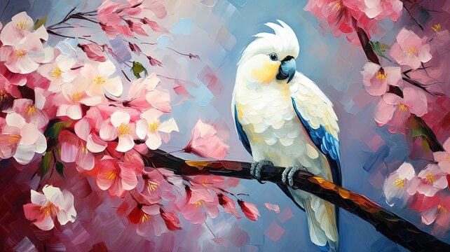 oil painting style illustration, cockatoo bird in tropical jungle ,cute and adorable wildlife, idea for wall art decor and background wallpaper, Generative Ai
