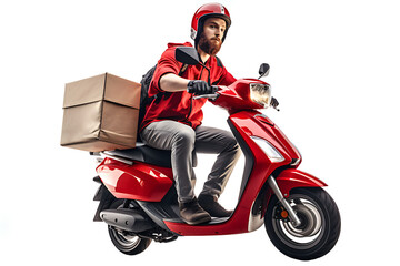 Young courier, delivery man wearing casual dress with thermo box backpack on red motor scooter moped isolated on blue background. Fast transport express home food delivery. Online order.