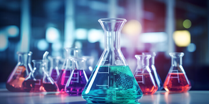 A purple glass flask in blue research chemistry, Blue research chemical scientific banner with a purple glass flask in the background, A row of glass beakers with pink and blue lights, GENERATIVE AI

