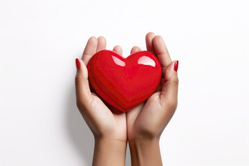 Hand holding red heart, isolated on white background