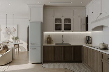 White and wooden decoration in the minimalist kitchen, sophistic and clean decor.
