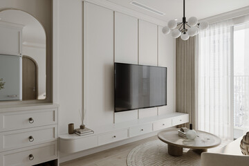 White interior in a studio apartment, delightful and sophisticated area.