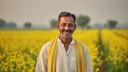 Happy indian farmer standing at mustard field