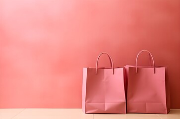 Shopping bags on empty pink wall. Generative AI