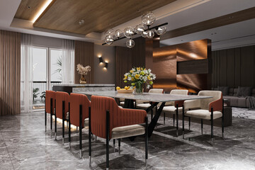 3d rendering dining set in a modern luxury brown and white dining room