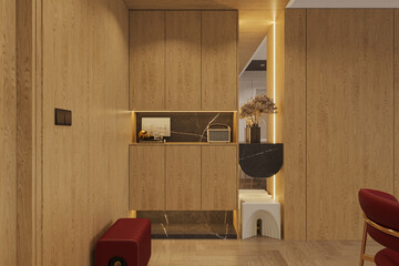 A red bench sitting by the foyer place in the modern apartment with a shoe cabinet.
