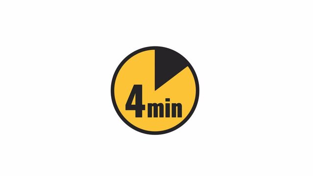 4 minutes timer line 2D object animation. Time period flat color cartoon 4K video, alpha channel. Interval deadline. 4 min interval measurement. Countdown clock animated item on white background