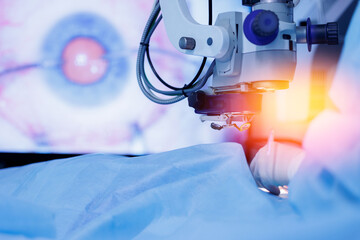 Lasik treatment. Laser vision correction. Doctor examines fundus in microscope, patient under...