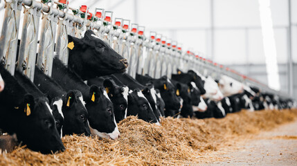 Concept banner livestock agriculture industry of cattle. Portrait Holstein Cows eat hay in modern...