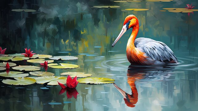 oil painting style illustration, wild crane bird walking in shallow water ,cute and adorable wildlife, idea for wall art decor and background wallpaper, Generative Ai