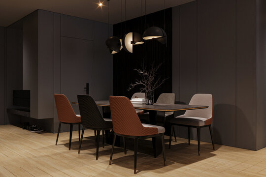A luxurious and elegant home decor with chairs and, table in the dining area.