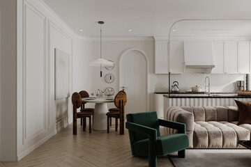 Rendering of a minimalist studio apartment with white decoration with white paint, wooden chairs, gray sofa.