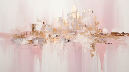 abstract city painting with gold leaves and silver, in the style of light pink and gold