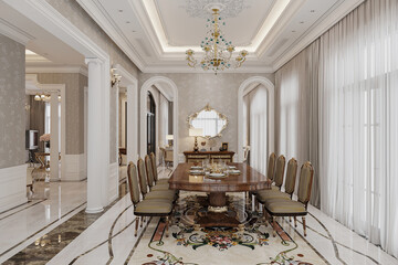 A gorgeous dining room is allocated with a royal and classic dining table with chairs for a royal family.
