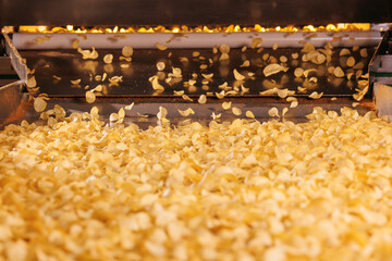 Banner Fresh Crispy potato chips snack texture background, top view