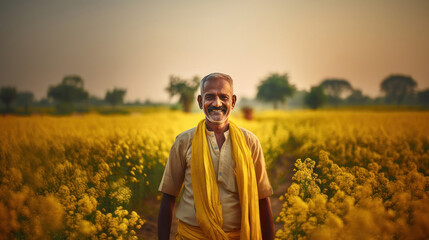 Happy indian farmer standing at mustard field - Powered by Adobe