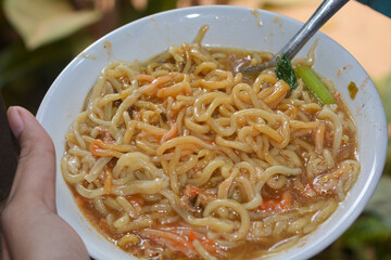 Close up of chicken noodles in a bowl, noodles