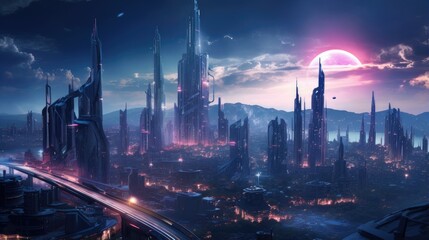 futuristic cityscape at twilight cybernetic metropolis with luminous skyscrapers and advanced technology - obrazy, fototapety, plakaty