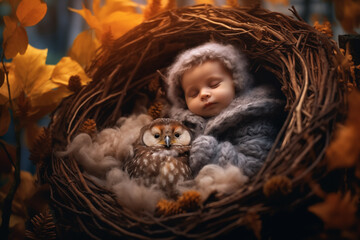 Little cute sleeping baby with an owl in a nest