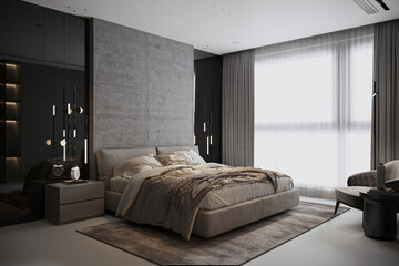 The Stylish interior of a comfortable bedroom, with a large window.
