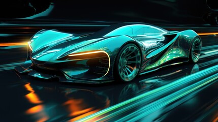turbocharged teal sports car speeding with vibrant neon lights. dynamic automotive design for futuristic transport concepts and wallpapers - obrazy, fototapety, plakaty