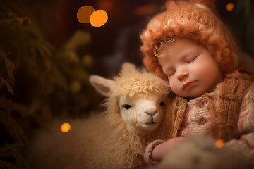 Little cute sleeping baby cuddles with an alpaca