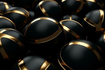 Black basketball balls with gold metallic line in endless pile. Dark background. Futuristic sports concept. Generative AI