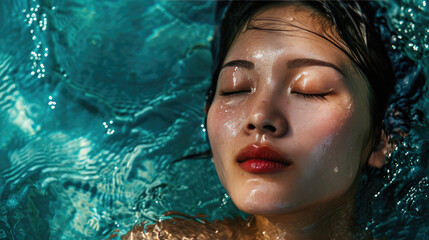 Portrait of a young asian woman relaxing with her eyes closed underwater in a swimming pool in summer. Top view of a female face in the water.
