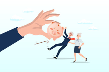 Senior grandparent couple pull back their piggy bank money from thief hand, protect retirement pension money from fraud, Ponzi scheme or cost and tax that impact retiree investment fund (Vector)