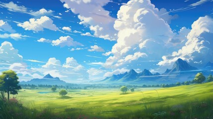 picturesque green valley and clear sky panorama. ideal for illustrating peaceful rural life, sustainable living, and agricultural themes