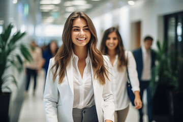 Portrait of successful and happy businesswoman, office worker smiling and looking at camera, working inside modern office.