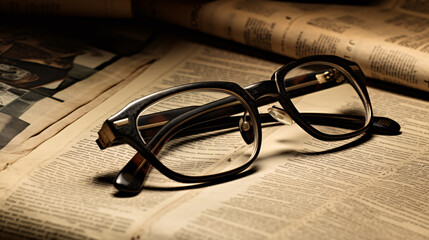 close up shot of Eye glasses placed on a news paper in a vintage tone - obrazy, fototapety, plakaty