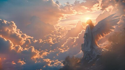 Guardian angel in heaven clouds. Archangel. Heavenly angelic spirit with wings. Illustration abstract white angel. Belief. Afterlife. Spiritual Angel. Blessing. Sky clouds with bright light rays. Heav