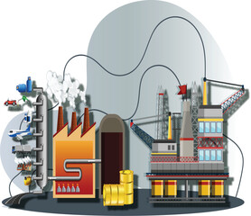 Cartoon Oil Fuel industry refinery plant.