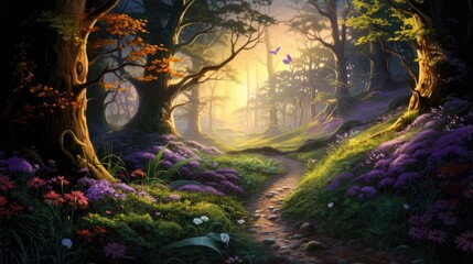 magical enchanted woodland with mystical sunset. fantasy forest illustration for storybook covers and otherworldly landscape art