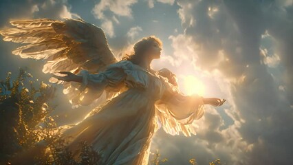 Guardian angel in heaven clouds. Archangel. Heavenly angelic spirit with wings. Illustration abstract white angel. Belief. Afterlife. Spiritual Angel. Blessing. Sky clouds with bright light rays. Heav