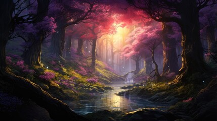 enchanted forest pathway with mystical purple hues. magical landscape painting for fantasy book covers and dreamlike wall art