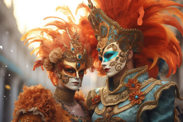 Women in carnival costumes and masks at a masquerade