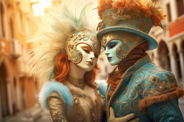 A handsome man and woman in carnival attire adorned with feathers, enchanting the masquerade