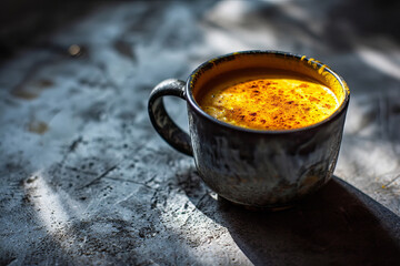 Сeramic mug full of turmeric latte on grey concrete background, hard light.