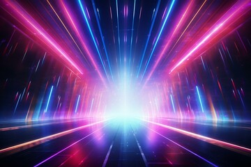 Naklejka na ściany i meble Futuristic LED light creating a dynamic scene with colorful neon flares, fast-moving lines, sparkling studio, hologram display, and stylish fantasy space. Generative AI