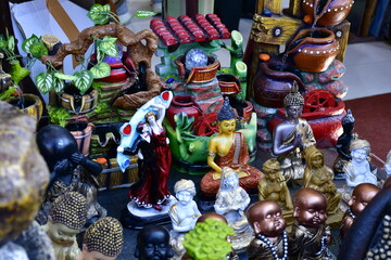 Fototapeta premium October 23, 2023. Figurines of Hindu deities and full toys are sold at the Dharmik Tirtstal Bazaar in Little India, in Mount Abu