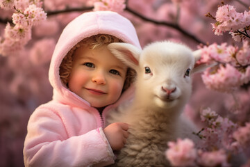 Little cute girl with a little sheep under blooming pink cherry blossom trees