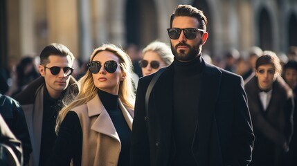 Business men and women wear street style clothes after a fashion show at Milan Fashion Week.
