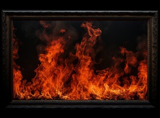 Picture of flame in wooden frame on black background, frame with bright fire illustration, art concept Generative AI