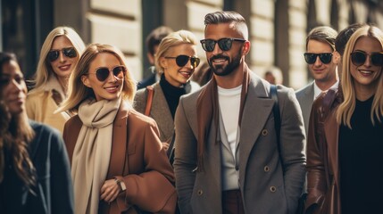 Business men and women wear street style clothes after a fashion show at Milan Fashion Week. - obrazy, fototapety, plakaty