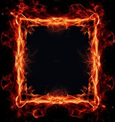 Frame with bright fire border, glowing burning flame signboard, orange fire flames around rectangle frame with neon yellow light on black background, banners or advertisements concept Generative AI